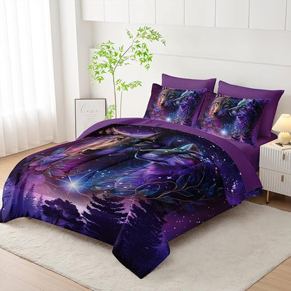 Wolf Comforter Set 7 Piece Twin Size Bed in A Bag,Animal Bedding for Room Decor,Soft Purple Wolf Comforter Rose Bedding with Fitted Sheet,Flat Sheet, Pillowcases & Shams