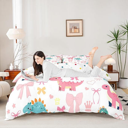 Cute Dino Duvet Cover Set King Size,Kawaii Bowknot Heart Princess Style Reversible Comforter Cover with 2 Pillowcases,Pink Blue Dinosaur Cartoon Animal Microfiber Quilt Cover Set (NO Comforter)