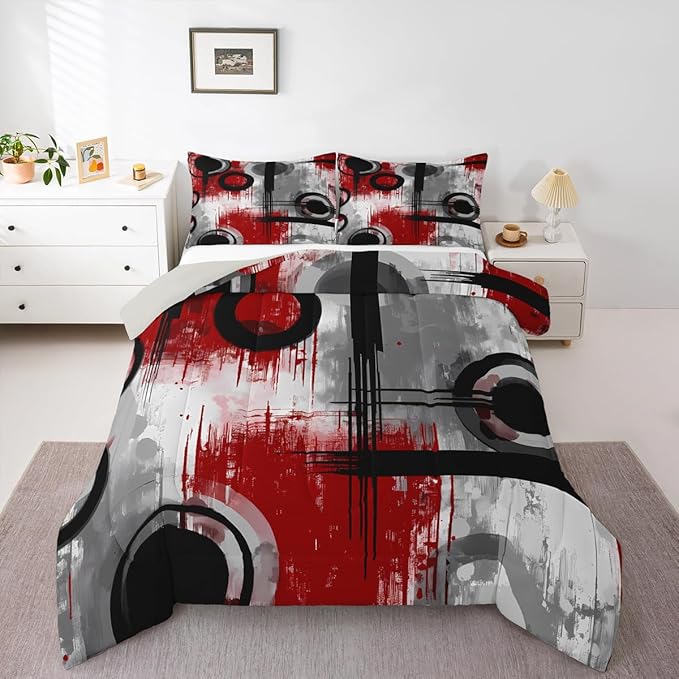 Feelyou Kids Abstract Comforter Set Toddler Size Modern Art Bedding Set for Boys Girls Teens Bedroom Decor Geometric Comforter Women Men Geometric Red Black Duvet Set with 1 Pillow Case