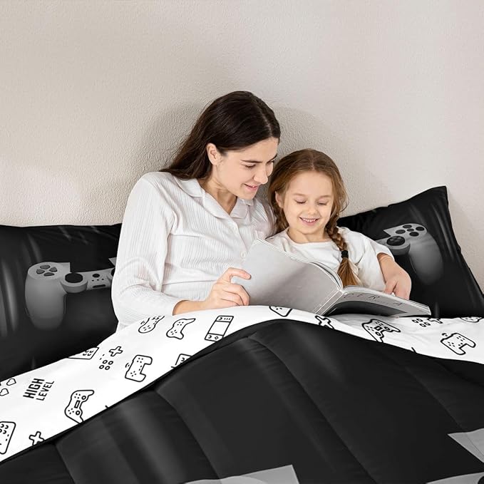 Feelyou Boys Gamer Comforter Set King Size Bedding Set for Kids Gaming Comforter Gray Black Video Games Gamepad Room Decor for Teens Child Super Soft Geometric Duvet Quilted Son Grandson Gift