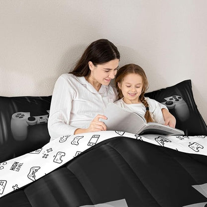 Feelyou Boys Gamer Comforter Set Twin Size Bedding Set for Kids Gaming Comforter Gray Black Video Games Gamepad Room Decor for Teens Child Super Soft Geometric Duvet Quilted Son Grandson Gift