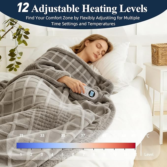 Heated Blanket Electric Throw, 50"X60" Heating Blanket Waffle with 12 Heat Levels, Fast Heating Blanket with 1-12H Timer, Overheat Protection with ETL & FCC for Bed Home Office Sofa (Light Gray）