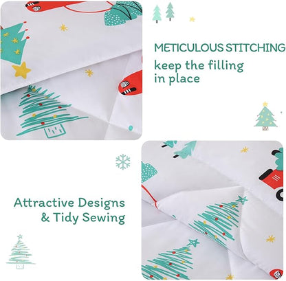 JSD Cars Kids Christmas Comforter Set Full Size, 3 Piece Tree Printed Microfiber Holiday Winter Bedding Set