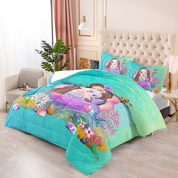 Mermaid Comforter Set Full Size Fairy Tale Sea Shell Grass Bedding Set Fish Quilt Bed Set for Kid Girls with 1 Comforter and 2 Pillowcases