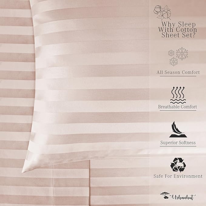 URBANHUT 1000 Thread Count Damask Striped Twin Size Egyptian Cotton Sheets, Long Staple Soft & Breathable, 4 Pc Bed Sheet Sets, Luxury Hotel Sateen Sheets Fits 16" Deep Pocket - Blush Pink