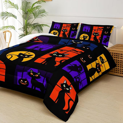 Halloween Black Cat Kids Comforter Set Full，Full Size Halloween Bedding Set,Cat Bedding Set for Girls Teens Kids Boys Adults Room Decor with 1 Comforter with 2 Pillow Case