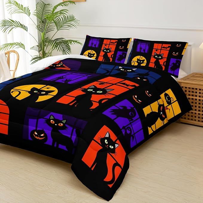 Halloween Black Cat Comforter Set Queen，Queen Size Halloween Bedding Set