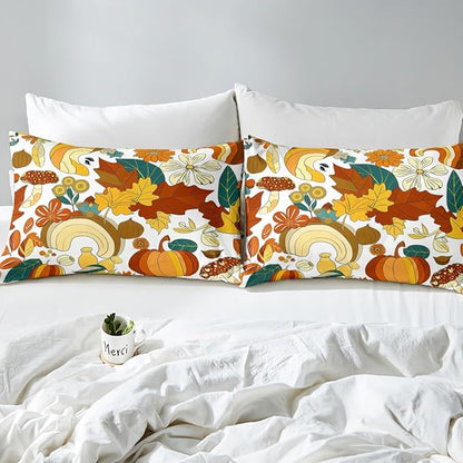 70s Groovy Hippie Retro Comforter Cover Full Size,Vintage Fall Floral Leaves Duvet Cover with 2 Pillowcases,3 Piece,Mushroom Pumpkin Rainbow Polyester Bedding Set for Boys Teens Bedroom Decor
