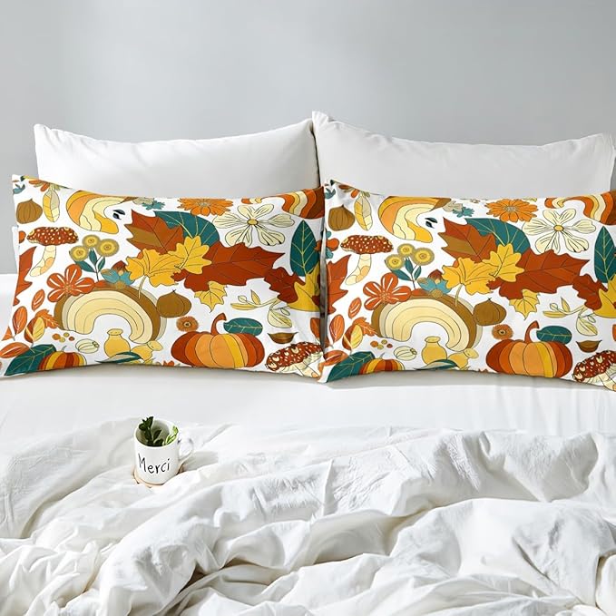 Castle Fairy 70s Groovy Hippie Retro Duvet Cover Set Twin Size,Vintage Fall Floral Leaves Comforter Cover for Kids Boys Bedroom Gift,Mushroom Pumpkin Rainbow Bedding Set with 1 Pillowcase Bedspread