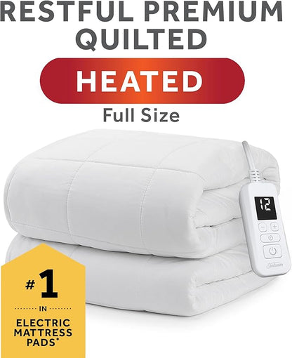 Sunbeam Premium Quilted Electric Heated Mattress Pad, 54" x 75", 12 Heat Settings, 12-Hour Selectable Auto Shut-Off, Warmth for Restful Sleep, Machine Washable, White