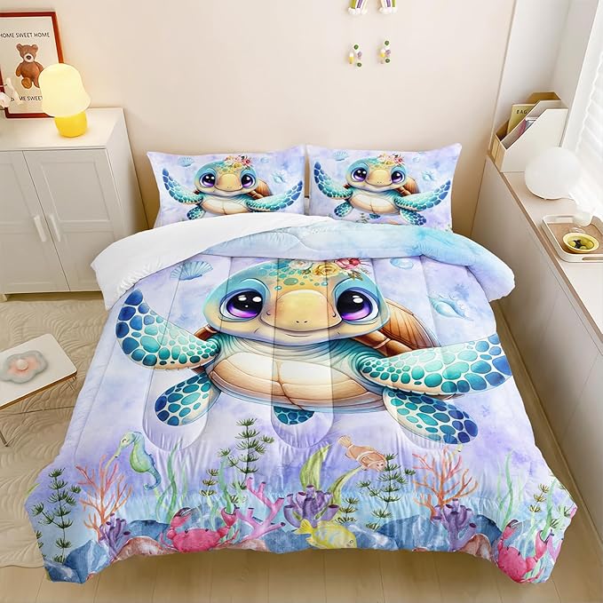 Turtle Bedding Set 3pcs Twin Ocean Life Shell Comforter Set Kid Fish Crab Bedding Set for Boy Girl Watercolor Tortoise Seaweed Theme Pattern Quilt Bed Set with 1 Comforter and 2 Pillowcases