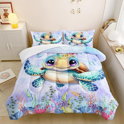 Turtle Bedding Set 3pcs Twin Ocean Life Shell Comforter Set Kid Fish Crab Bedding Set for Boy Girl Watercolor Tortoise Seaweed Theme Pattern Quilt Bed Set with 1 Comforter and 2 Pillowcases