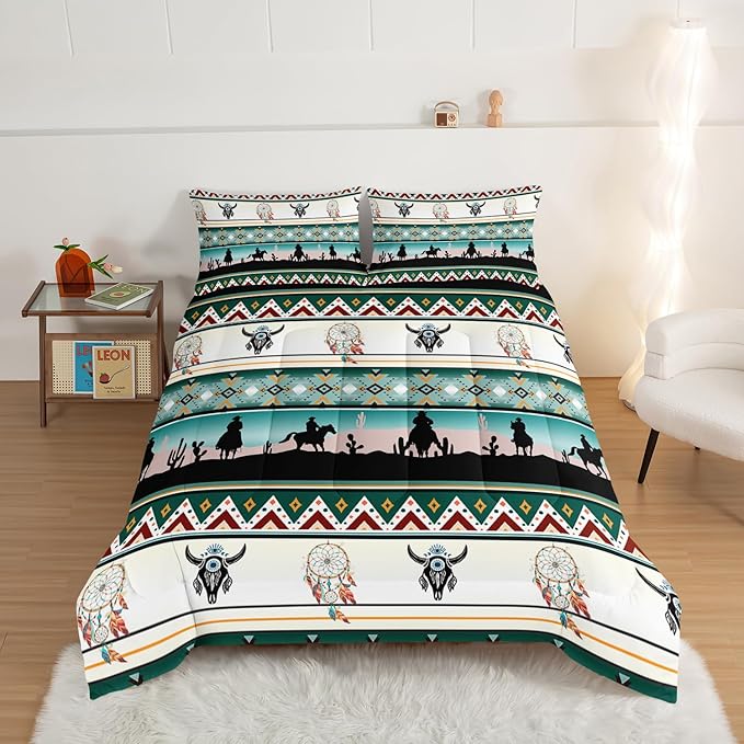 HOSIMA Western Bedding Comforter Sets,Longhorn Skull Dream Catcher Boho Bedding Bed in a Bag Full Size for Adults Kids Cowboy Western Decor,Geometric Multicolor Teal Comforter Full Size.
