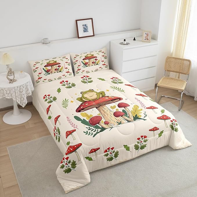 Feelyou Frog Print Bedding Set Kids Kawaii Comforter Set Frog Mushrooms Comforter Cover Set for Room Decor Botanica Cute Mushroom Decor Beige Red Duvet Set Queen Size 3Pcs Quilt Set