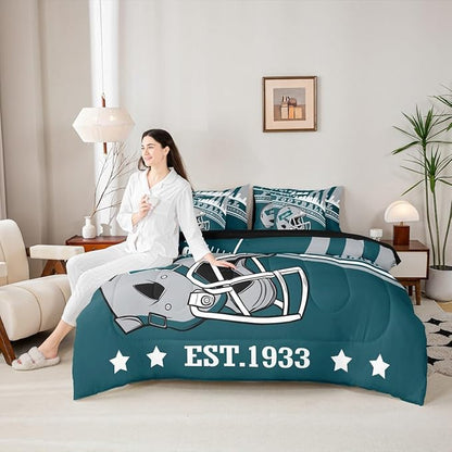 Erosebridal Kids Football Sports Seasonal Comforter Set, Sports Fans Gifts, Football Comforter + Flat Sheet + Fitted Sheet + 2 Pillowcases + 2 Throw Pillow Covers, Full