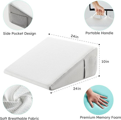 Bedluxe Wedge Pillow, 10 inch Bed Wedge Pillow for Headboard, Pillow Wedge for Acid Reflux Relief, Sleeping, Back Pain Relief, Snoring, Triangle Pillow Wedge - Cooling Memory Foam Top, White/Grey
