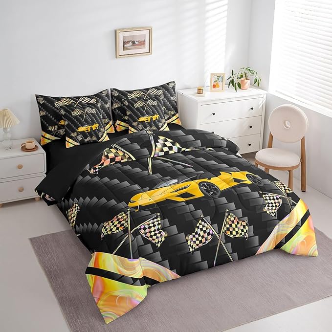 Feelyou Yellow Race Car 7 Piece Bedding Set Twin Size Extreme Sports Comforter Set with Sheets for Kids Teens Adult Fast and Furious Bed in a Bag Dazzling Flag Bed Set