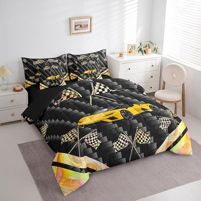Feelyou Yellow Race Car 7 Piece Bedding Set King Size Extreme Sports Comforter Set with Sheets for Kids Teens Adult Fast and Furious Bed in a Bag Dazzling Flag Bed Set
