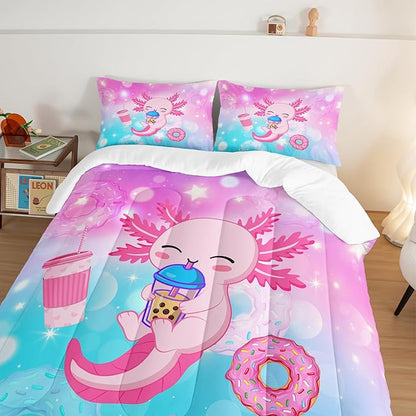 HOSIMA Axolotl Comforter Cute Animal Bedding Sets Queen Size Room Decor for Teen Girls Dessert Milk Tea Donut Bed Princess Toddler Bedding Set Fantasy Queen Bed in a Bag for Adults Kids.