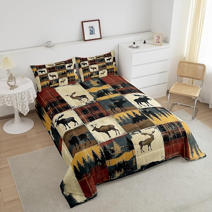 Feelyou Deer Comforter Set Toddler Size Wild Life Comforter for Boys Girls Teens Forest Bedding Set Grid Duvet Set Room Decor Rust Red Quilt Set