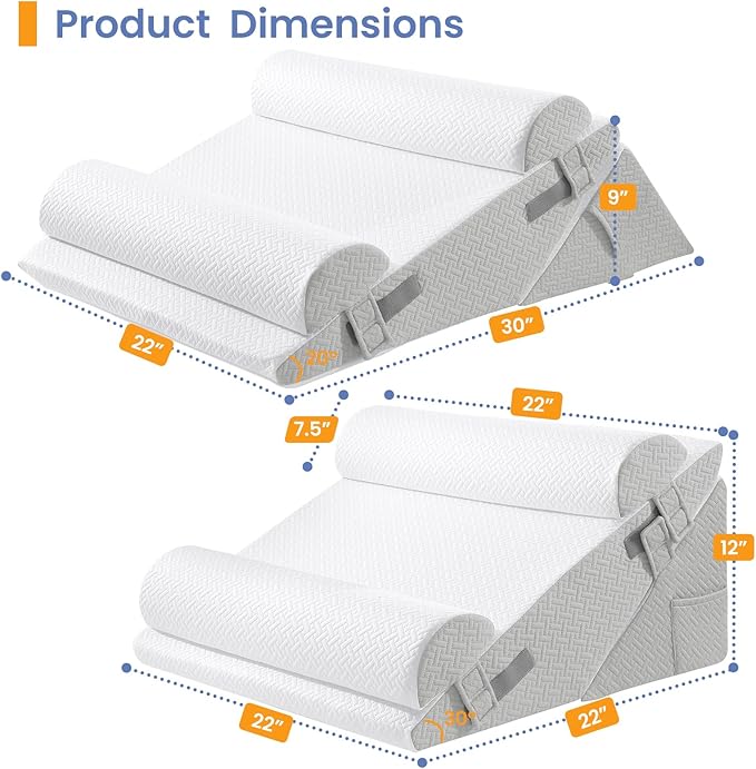 Sasttie Wedge Pillow Set for After Surgery, 3PCS Adjustable Bed Wedge Pillow Headboard with Memory Foam Neck Cushion – for Acid Reflux, Sleeping, Neck & Back Support, Light Grey & White