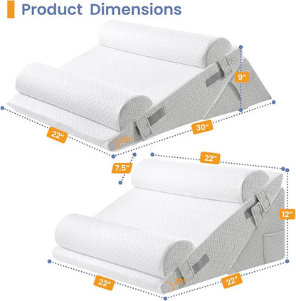 Sasttie Wedge Pillow Set for After Surgery, 3PCS Adjustable Bed Wedge Pillow Headboard with Memory Foam Neck Cushion – for Acid Reflux, Sleeping, Neck & Back Support, Light Grey & White