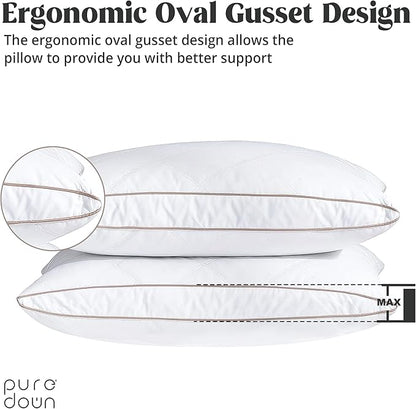 puredown® Natural Goose Down Feather Pillows for Sleeping Oval Gusseted Feather Down Pillow 100% Cotton Pillow Cover with Leaf Quilting Standard Set of 2