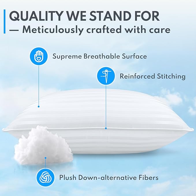 Standard Size Bed Pillows Set of 2 - Down Alternative Premium Cooling Pillows for Side, Back, and Stomach Sleepers Hotel Quality Fluffy Soft Microfiber Fill Breathable Skin-Friendly