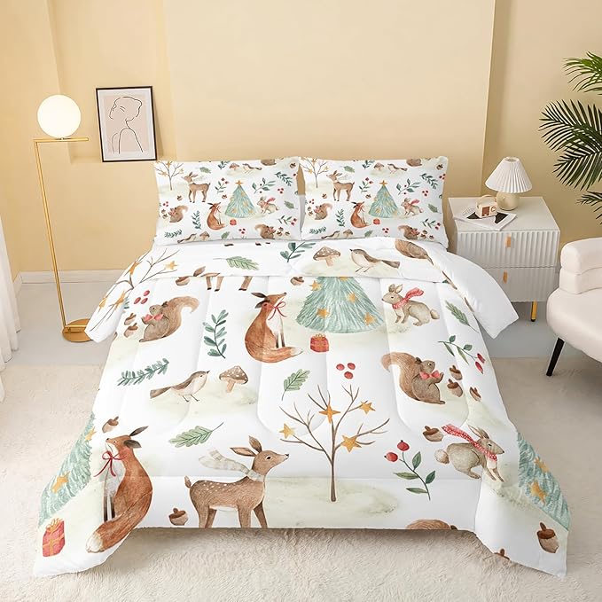 QOOMO Wild Animal Comforter Queen Size,Christmas Comforter Set for Kids Teens Girls Boys,3Pcs Bedding Set Printed Comforter with 2 Pillowcases,Down Alternative,Soft and Lightweight，Queen Size