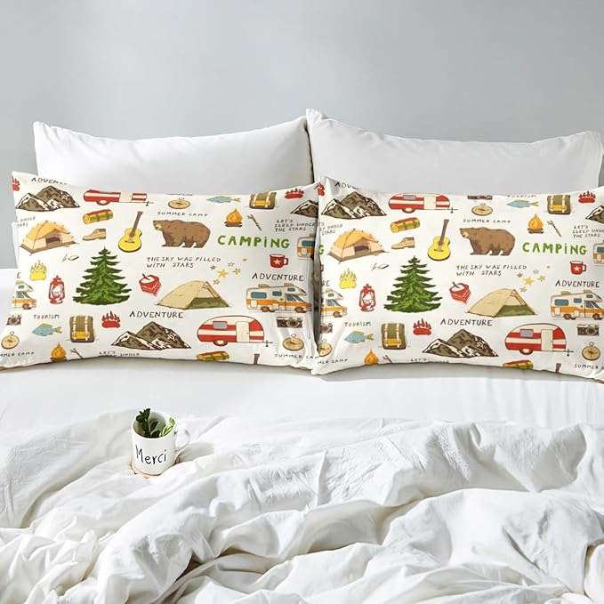 Camping and Adventure Duvet Cover Set Queen Size,Cartoon Bear Camper Car Bedding Set for Kids Girls Boys Teens Room Decor,Happy Camping Comforter Cover Outdoor Travel Quilt Cover,2 Pillowcases