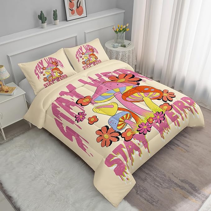 Axolotl Cartoon Mushroom Comforter Set King,Colorful Mushrooms Girls Bedding Set,3 Piece Cute Mushroom Bedding,Red Pink Floral Flower Comforter for Kids Boys Girls Teens,1 Quilt 2 Pillowcases