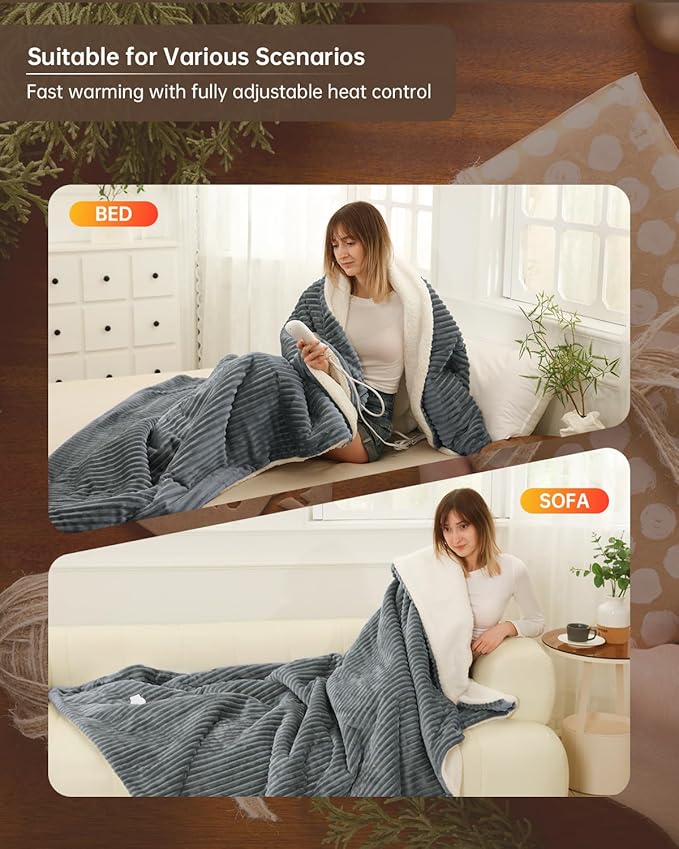 Electric Heated Blanket Throw Size, Washable Blanket Warmer for Home for Adults, Fast Heating Super Cozy Soft Flannel 50" x 60", 9 Heat Levels, 1-9H Auto-Off, ETL Certified, Silver