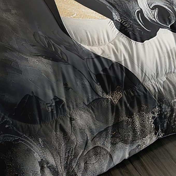 Black White Horses Comforter Set Full Size,Golden Ink Painting Flora Bedding Set for Kids and Adults Bedroom Horse Decor,Wild Animal Theme Art Aesthetics Comforter Set with 2 Pillowcases.