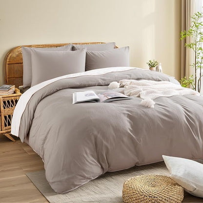 NEXHOME PRO Duvet Cover Set Queen Size Linen Look Textured Organic Natural 100% Washed Cotton Duvet Cover Linen Grey 3 Pieces Bedding Set with Zipper Closure, Breathable, Soft (No Comforter)