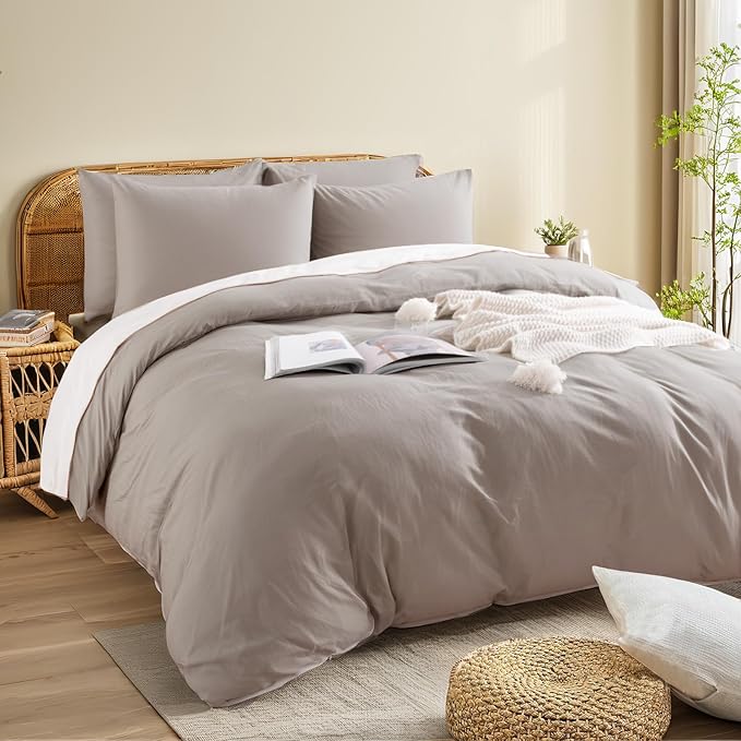 NEXHOME PRO Duvet Cover Set Kids Twin Size Linen Look Textured Organic Natural 100% Washed Cotton Duvet Cover Linen Cream Grey 2 Pieces Bedding Set with Zipper Closure, Breathable (No Comforter)