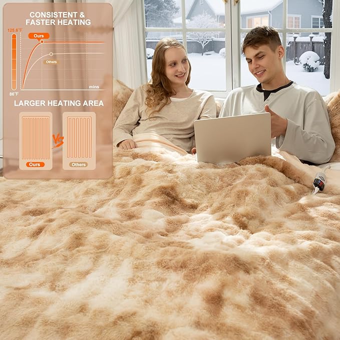 Faux Fur Electric Blanket King Size 100"X90" - Bubble Faux Fur Heated Blanket Fluffy Soft Thick with 6 Heating Levels & 10 hrs Timer Settings, Washable & ETL Certified for Bed, Tie-Dye Beige