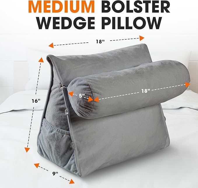 Cheer Collection Reading Wedge Pillow – TV Pillow with Adjustable Bolster Pillow, Memory Foam Back Support for Couch & Bed, Pillow Chair for Bed, Reading Pillows for Adults & Kids, Gray