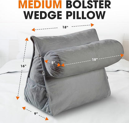 Cheer Collection Reading Wedge Pillow – TV Pillow with Adjustable Bolster Pillow, Memory Foam Back Support for Couch & Bed, Pillow Chair for Bed, Reading Pillows for Adults & Kids, Gray