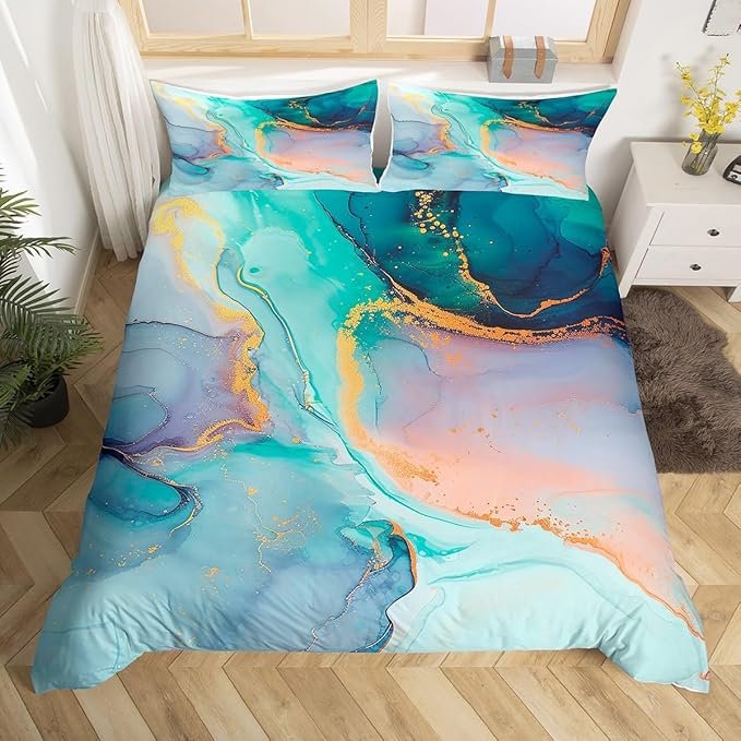 Castle Fairy Green Marble Comforter Cover,Emerald Gem Style Marbling Duvet Cover for Girls Teens Decorative Room,Luxury Golden Ripple Quilt Cover with 2 Pillowcases, Full Size