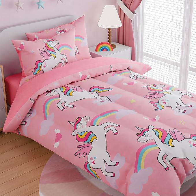 SANDJEST Unicorns Bedding Full Set for Girls Kids Children, Ultra Soft Microfiber Comforter Set with 4-Pieces, Comforters Bed Sets Bedroom Decor