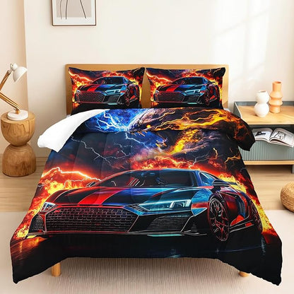 Colorful Racing Car Black Cheetah Comforter 3Pcs Full Cool Speed Sport Car Thunder Fire Bedding Set for Kid Teen Girl Boy Adult Extreme Games Quilt Bed Decor with 1 Comforter and 2 Pillowcases