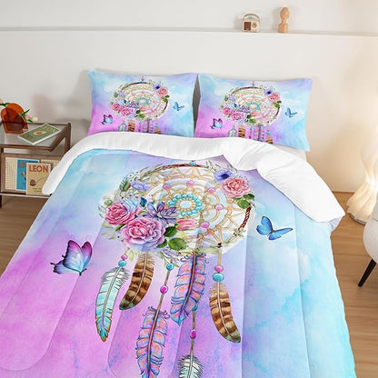 HOSIMA Boho Bedding Dream Catcher Comforter for Queen Size Bed with 2 Pillowcases,Butterfly Bed Set Room Decor for Teen Girls,Feather Floral Bedding Queen Comforter Sets for Adults Kids.