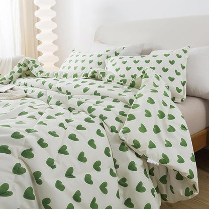 Caressma Sage Green Comforter Set King Size 3 Pieces, All Season Fluffy Soft Lightweight Bedding Set with Cute Heart(1 Comforter & 2 Pillowcases)