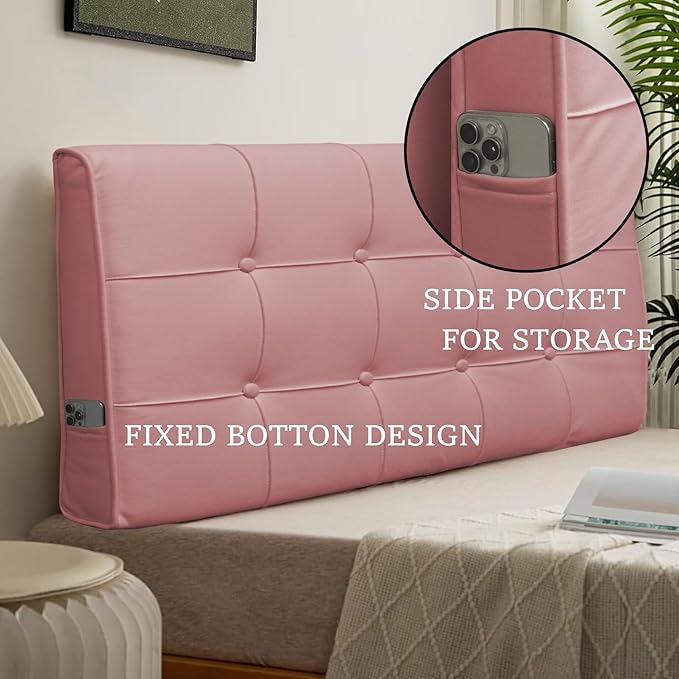 BCU Headboard Pillow Queen Size Upholstered Soft Tufted Headboard Backrest Pillow with Removable Cover for Adjustable Bed Back Support, Pink