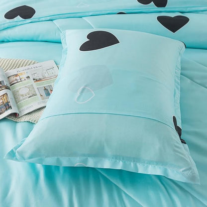 Caressma Blue Love Comforter Set King Size, Cute Heart Pattern Bedding Comforter for Girls Women, 3 Pieces Soft Microfiber Fluffy Lovely Comforter Set for All Seasons Room Decor