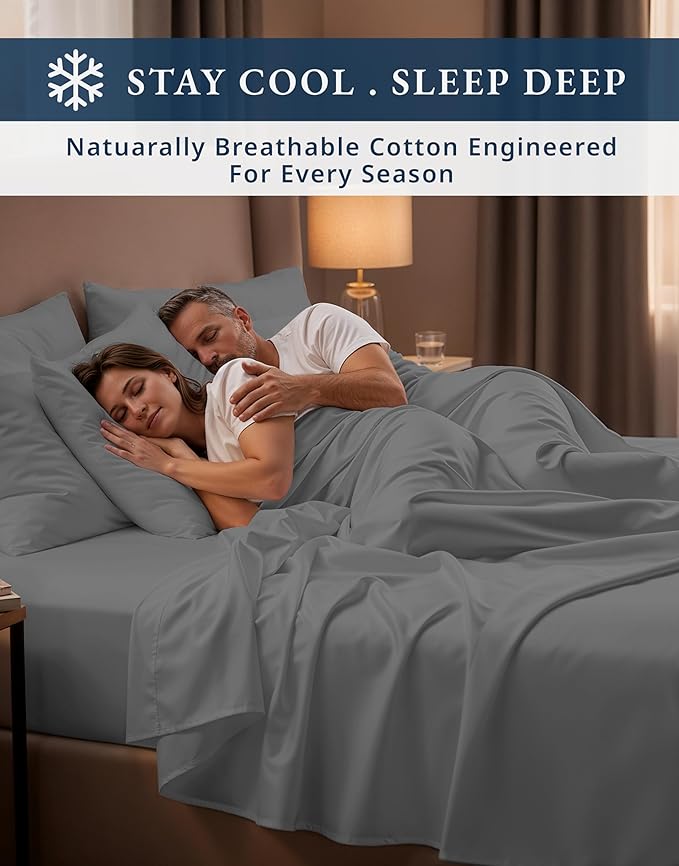 LANE LINEN 100% Egyptian Cotton King Sheets Set, Soft & Comfy Sateen Weave No Pill Mercerized Cotton Sheets King, Fully Elasticized Reinforced French Seam Fitted King Bed Sheets – Charcoal Gray