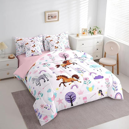 Erosebridal Full Bed in a Bag Floral Horse Comforter Set with Sheets 7Pieces All Season Cartoon Zoo Animal Bedding Sets with Comforter, Cushion Covers, Flat Sheet, Fitted Sheet and Pillowcase