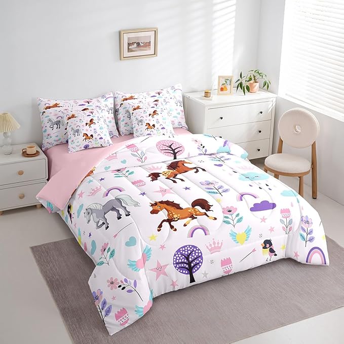 Erosebridal Twin Bed in a Bag Floral Horse Comforter Set with Sheets 7Pieces All Season Cartoon Zoo Animal Bedding Sets with Comforter, Cushion Covers, Flat Sheet, Fitted Sheet and Pillowcase
