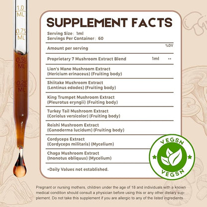 Vegan Immune Mushroom Tincture Supplement,7 in 1 Mushroom Extract Liquid Drops with Lion's Mane,Shiitake,King Trumpet,Turkey Tail,Reishi,Chaga & Cordyceps 2 fl oz (60 Servings)