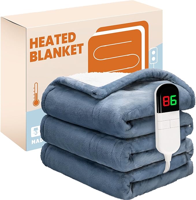 Electric Heated Blanket,Flannel & Sherpa Heated Throw Blanket 50"x60",Fast Heating Soft Fleece Blanket with 6 Heating Levels & 4H Auto Off-Blue